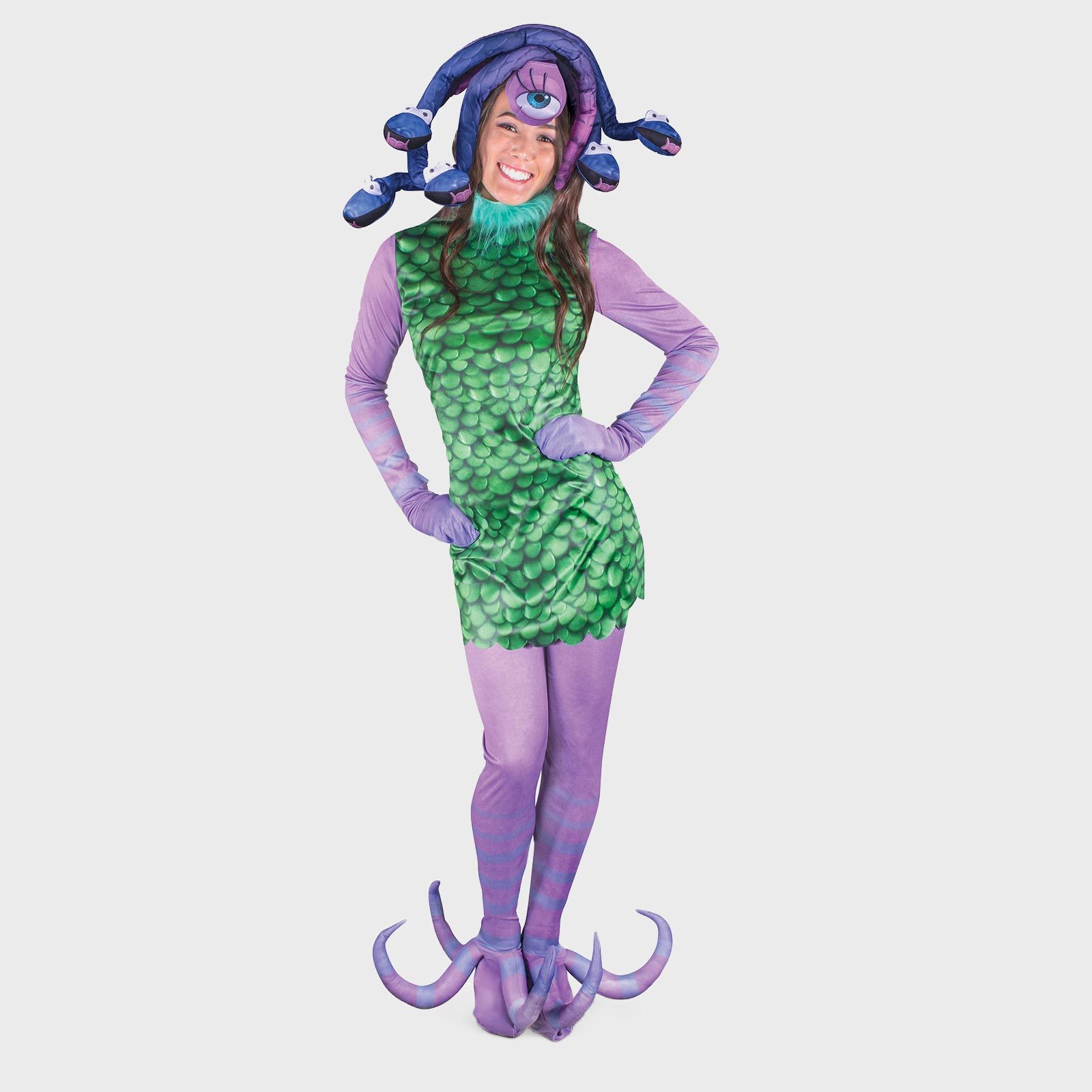 A person wearing a whimsical, serpent-themed costume poses confidently against a plain, light background.
