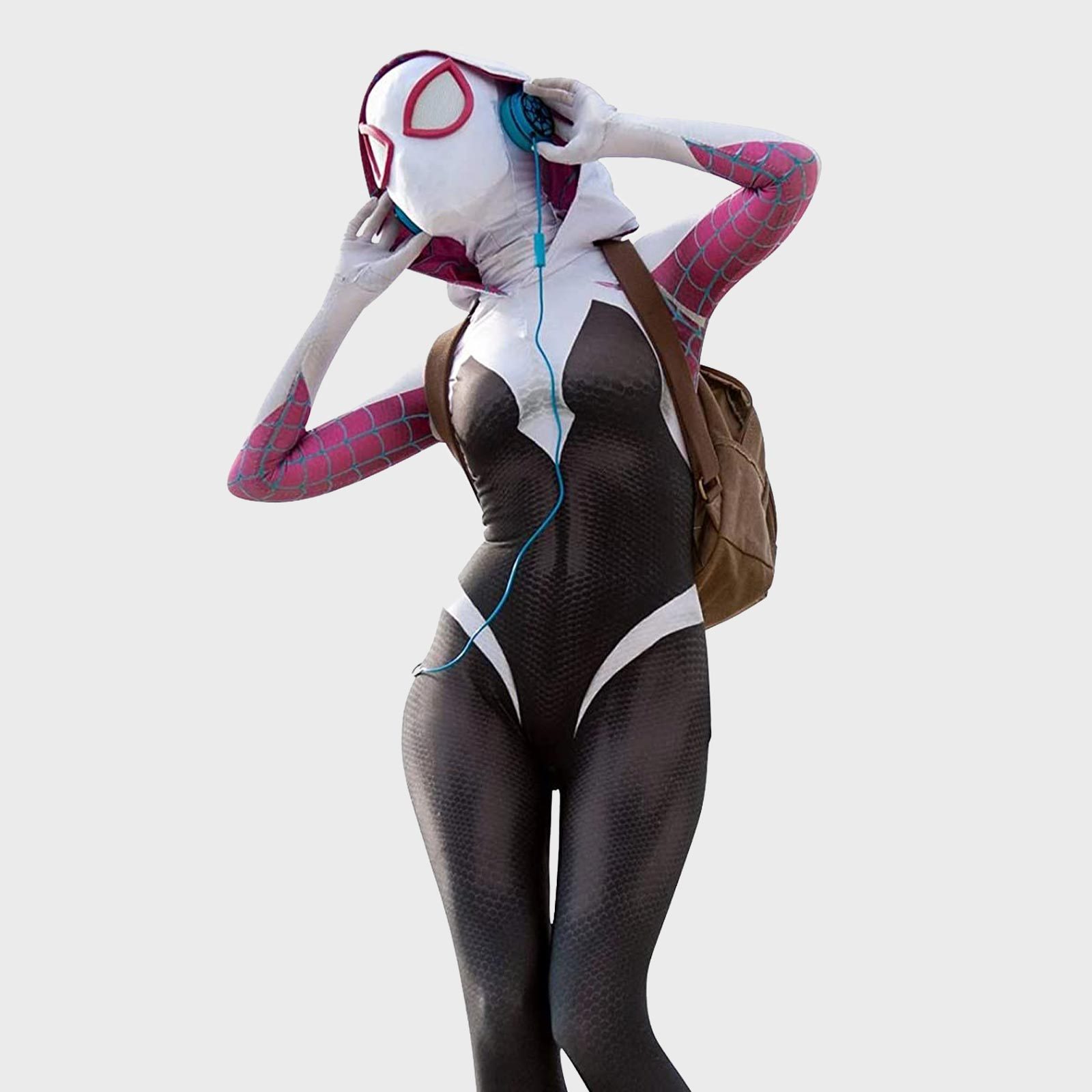 Character wearing a Spider-Woman costume holds headphones, standing casually with a backpack, on a plain background.