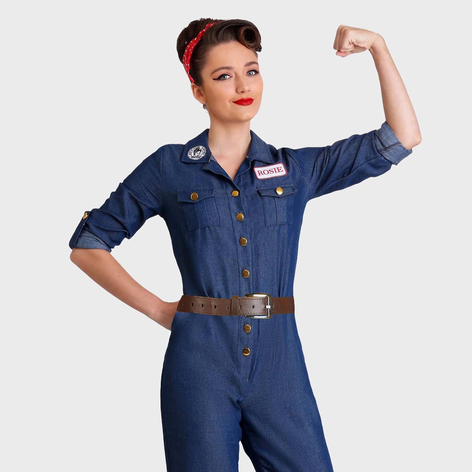 Person flexes confidently, wearing a blue denim jumpsuit with "Rosie" name tag, red bandana. White background.
