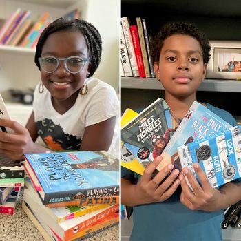 Two kids hold books; one smiles with stacked books in a cozy room, the other, serious, holds books in front of a bookshelf.
