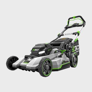 A battery-powered lawnmower sits on a plain background. It is gray with green accents and features the text 