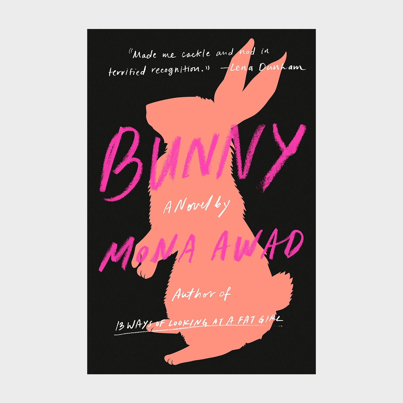Silhouette of a rabbit sits against a black background; bold pink text reads "Bunny" by Mona Awad, featuring a quote by Lena Dunham.