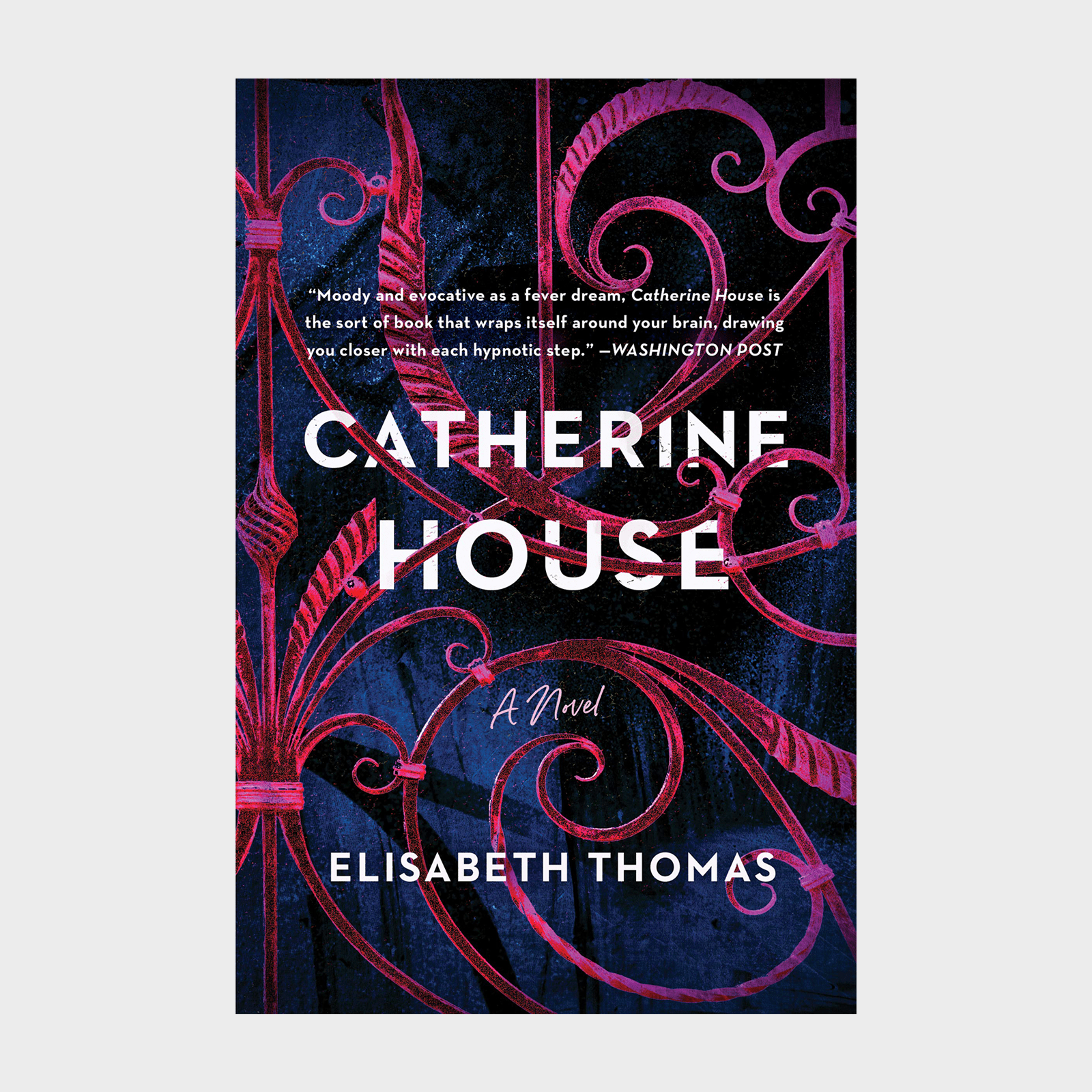 Intricate pink swirls adorn a dark blue background; text reads: "Catherine House, A Novel, Elisabeth Thomas." Washington Post quote above.