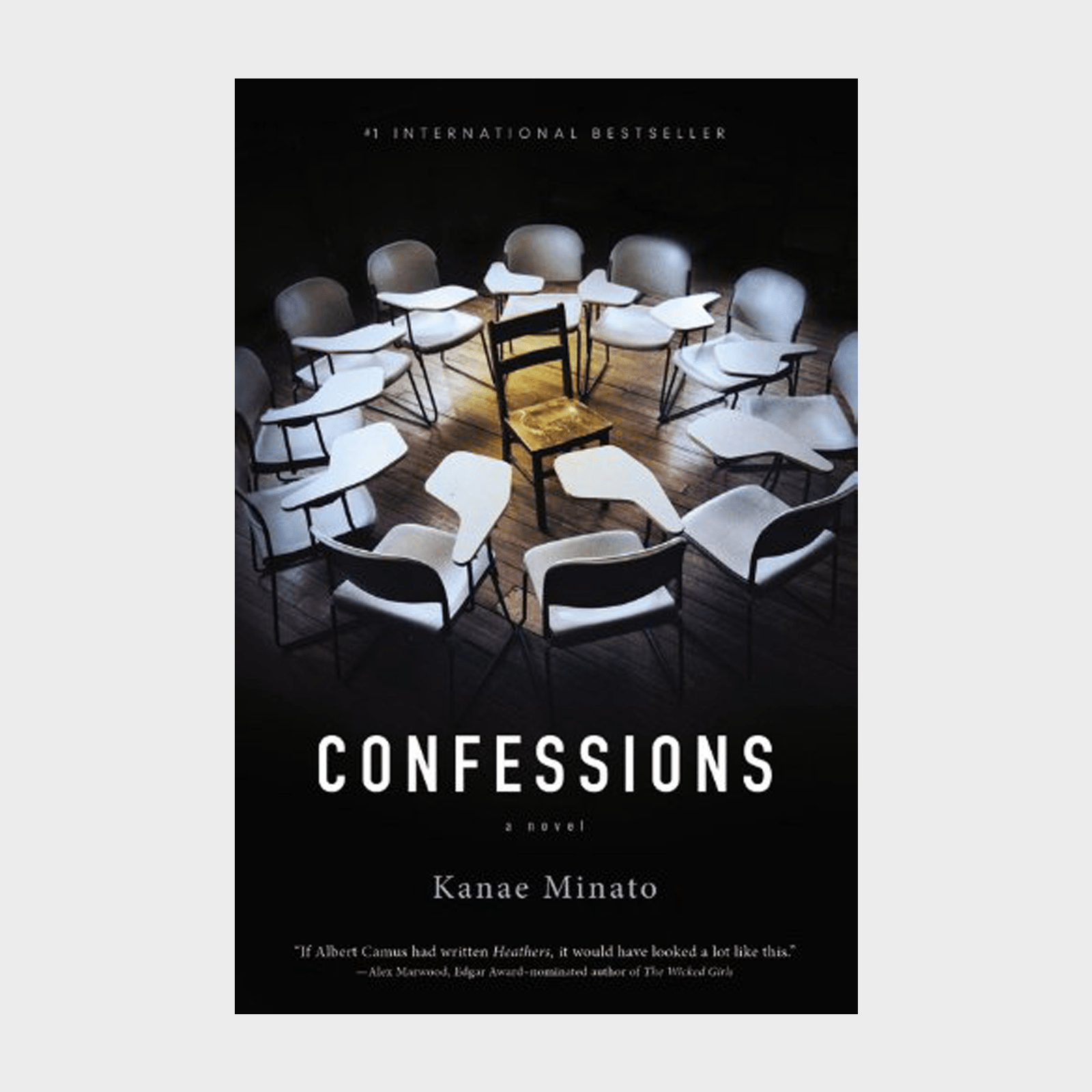 Chairs form a circle around a single table on wooden floor. Text: "Confessions, Kanae Minato," and additional text about bestseller status.