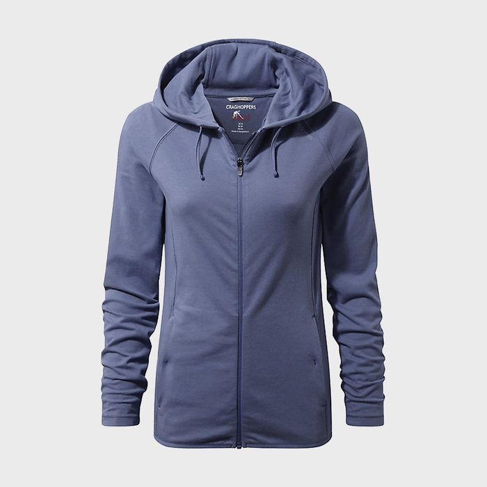 Blue hoodie displayed on a white background, featuring a front zipper and drawstrings, showcasing 