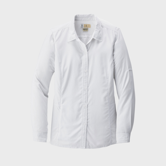 White long-sleeve shirt displayed against a plain background, featuring buttons down the front. Collar and cuffs are neatly pressed.