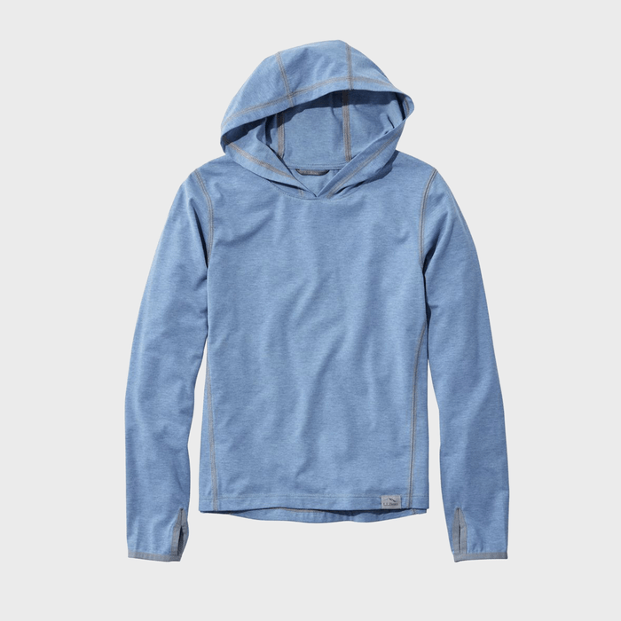 A blue long-sleeve hoodie lies flat against a plain white background.