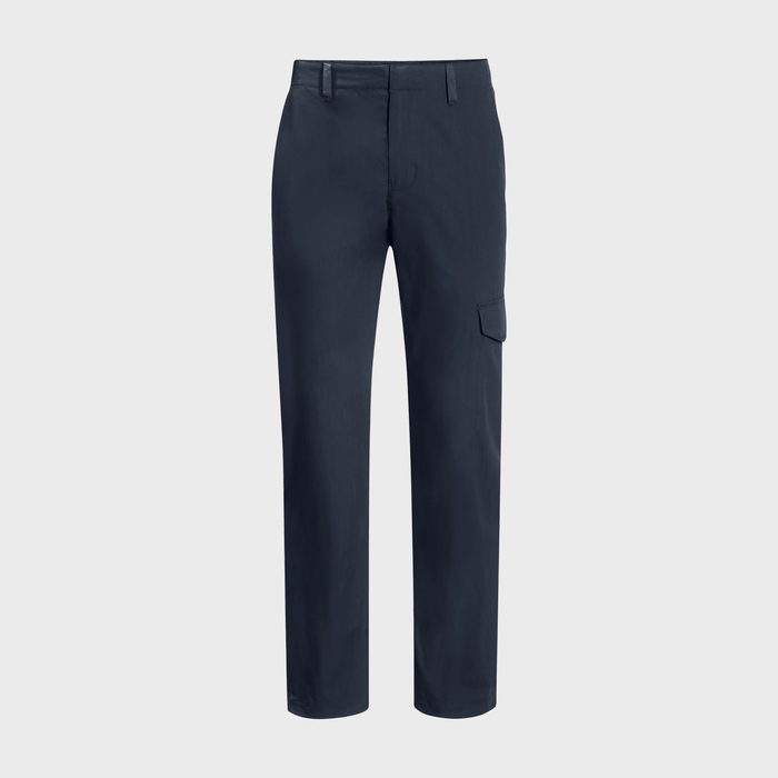 Navy blue cargo trousers displayed in a front view, set against a plain grey background.