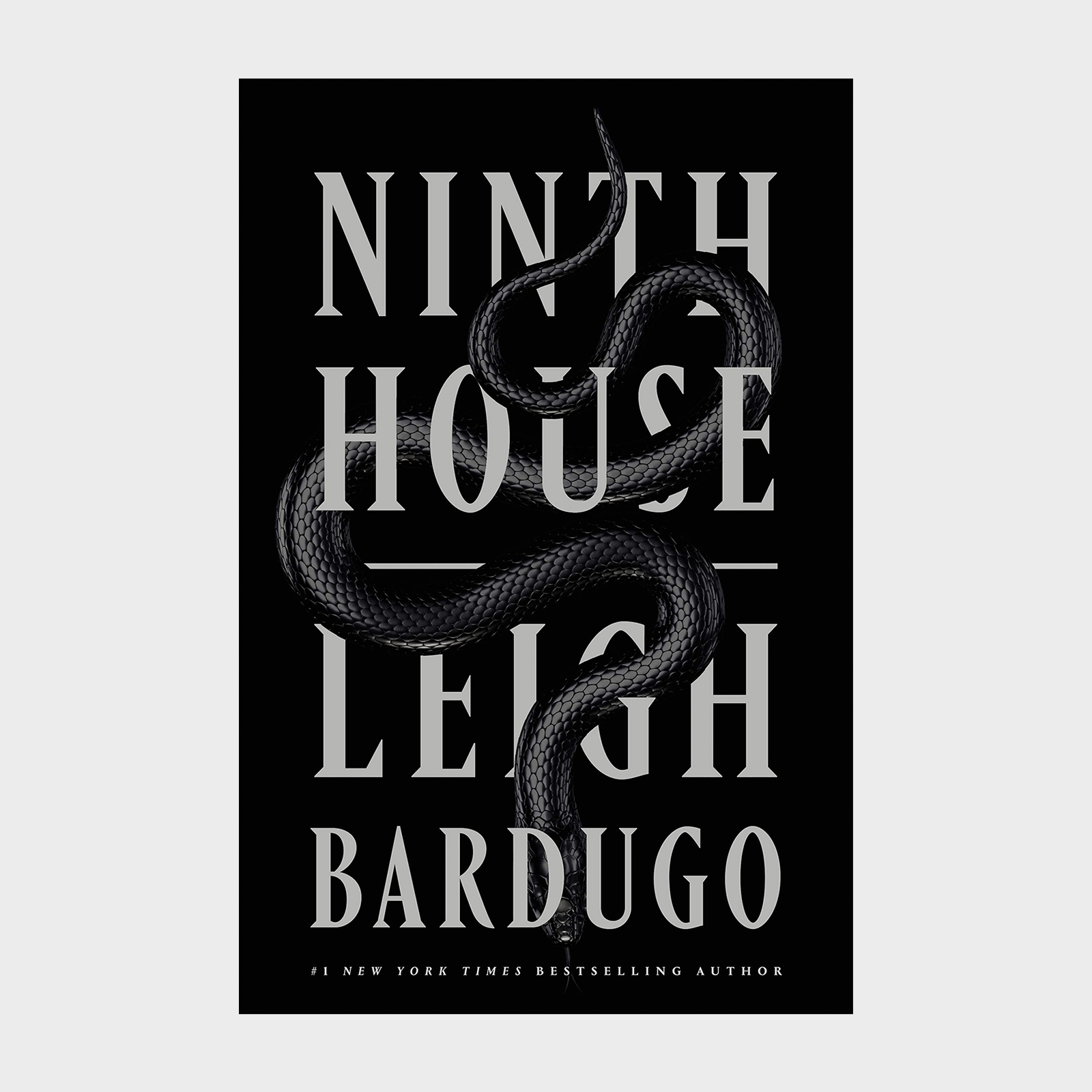 A black snake slithers across white text reading "Ninth House" by Leigh Bardugo on a dark background.