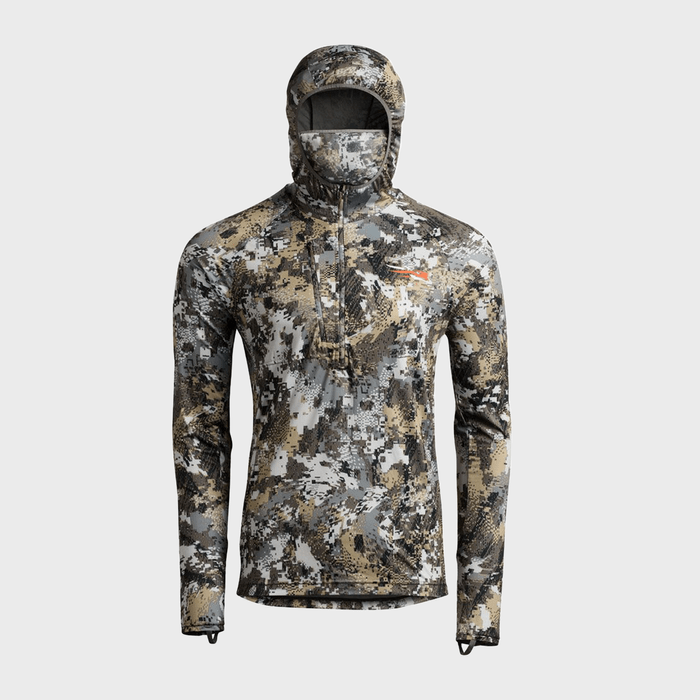 Jacket with hood and digital camouflage print displayed against a plain background.