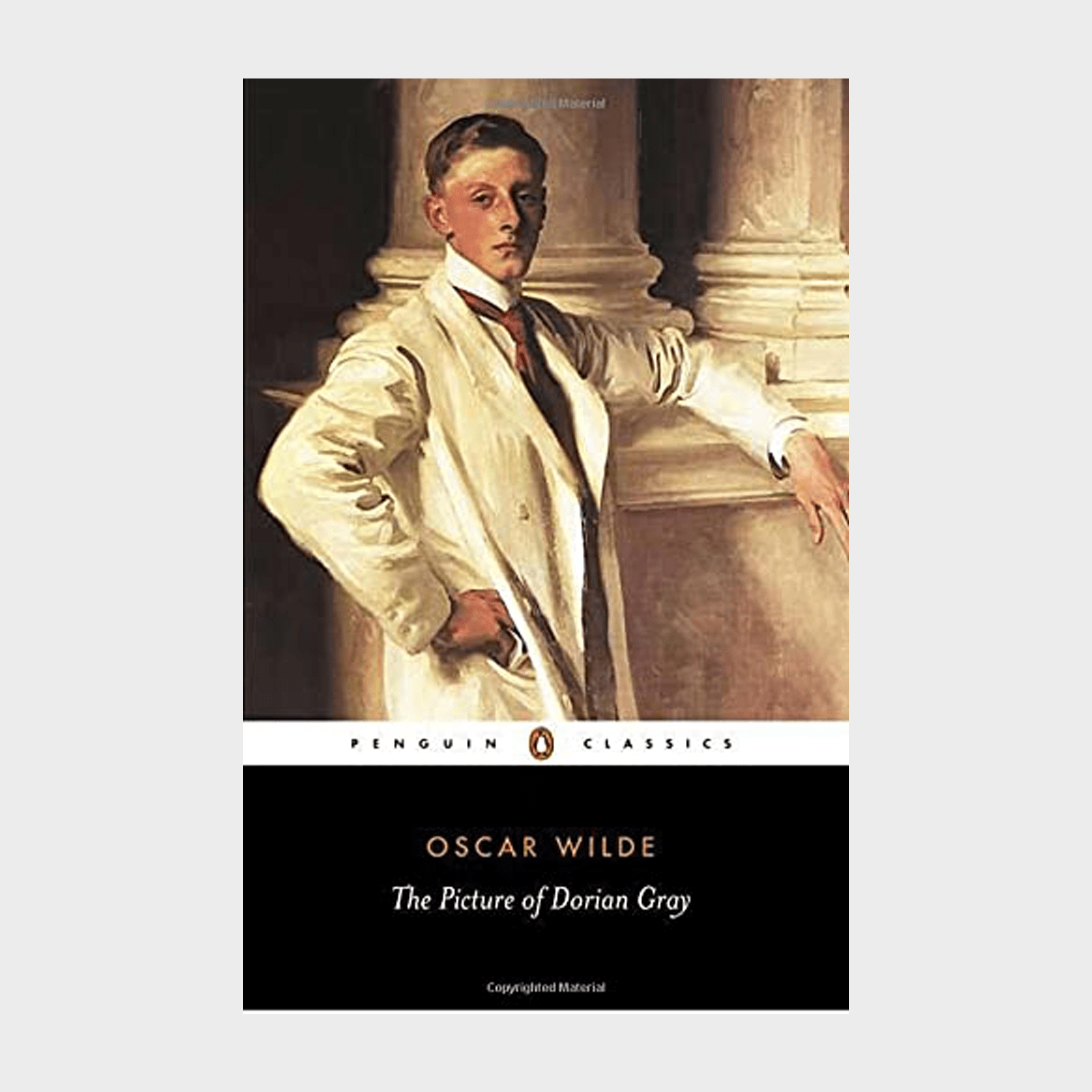 A man in a white suit poses confidently against classical columns. Text reads: "Oscar Wilde, The Picture of Dorian Gray, Penguin Classics."
