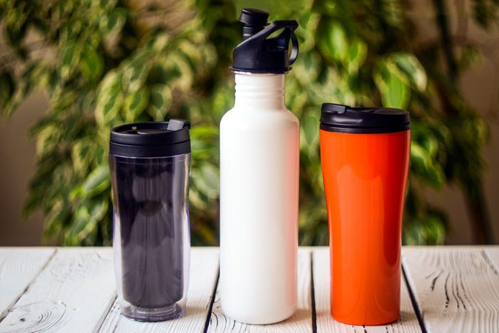 Reusable water bottles on a table