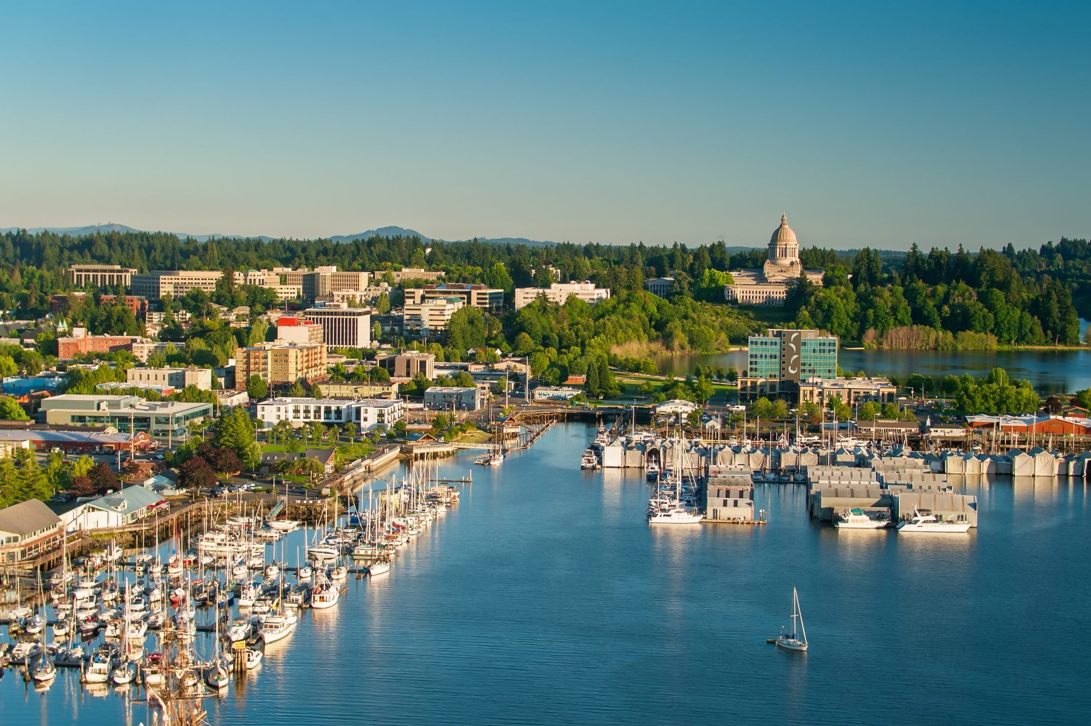 Drone Shot of Olympia, Washington at Sunset