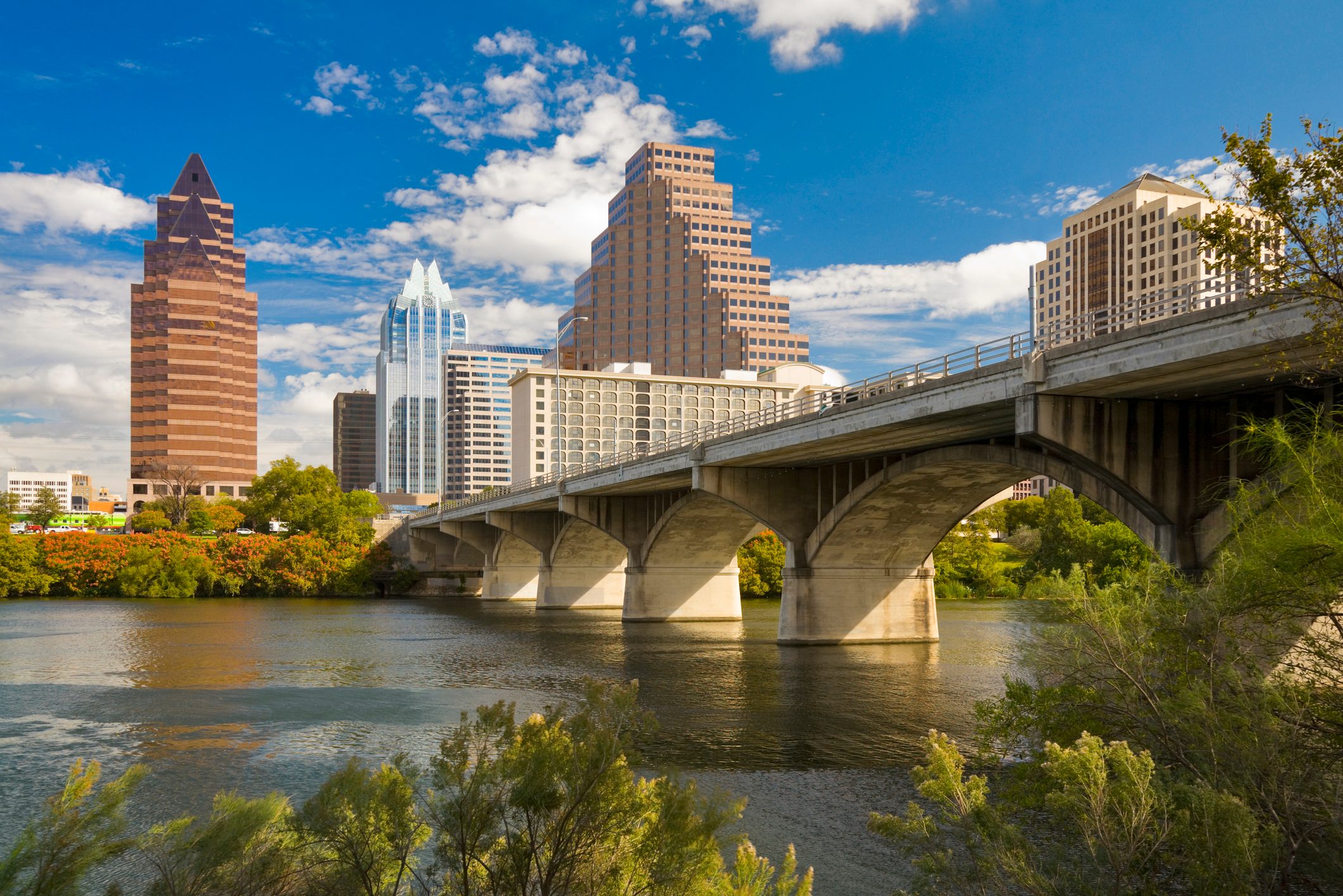 Austin skyline; Congress Avenue Bridge; Town Lake; downtown district