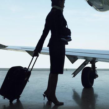 A person pulls a suitcase, standing near an airplane wing inside an airport hangar.
