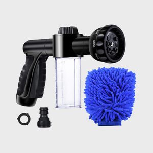 Nozzle sprayer attached to a clear container with adjustable dial, accompanied by blue cleaning mitt, connectors adjacent, set against a plain background.