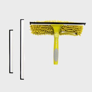 Yellow squeegee with a microfiber pad attached, accompanied by two additional rubber blades, placed on a plain white background.