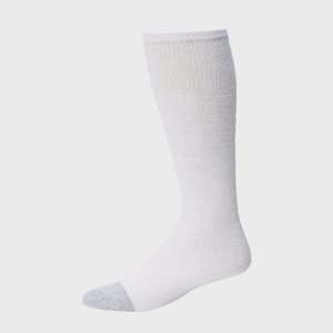 A white knee-high sock with a gray toe rests against a plain, light gray background.