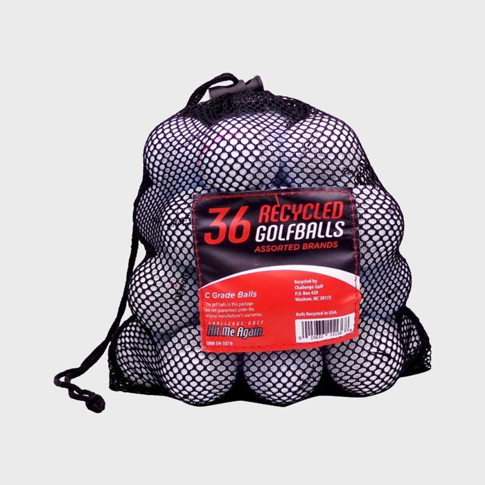 Bag holding 36 recycled golf balls, labeled with brand information and a 
