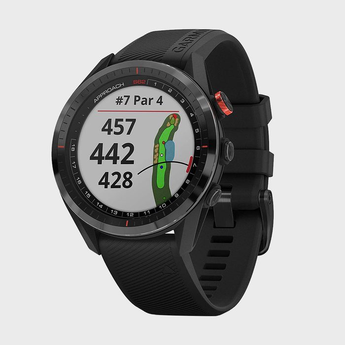Smartwatch displays golf course map with distances, showing 