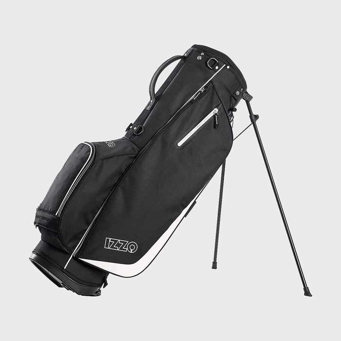 A black golf bag stands on two retractable legs against a plain background. Text reads 