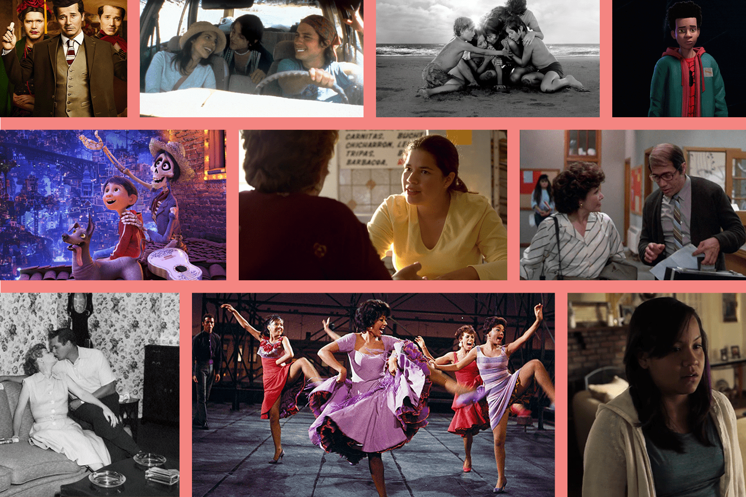 Various movie scenes, including animated characters, people dancing, a family on a beach, and conversations, set in diverse environments.