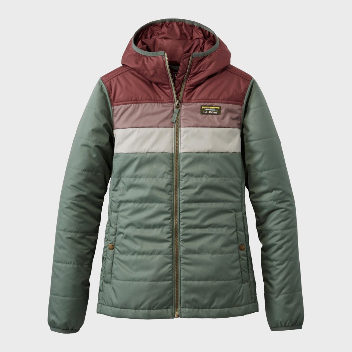 A multicolored jacket with a hood hangs against a plain background; features include horizontal stripes and an "L.L.Bean" logo on the chest.