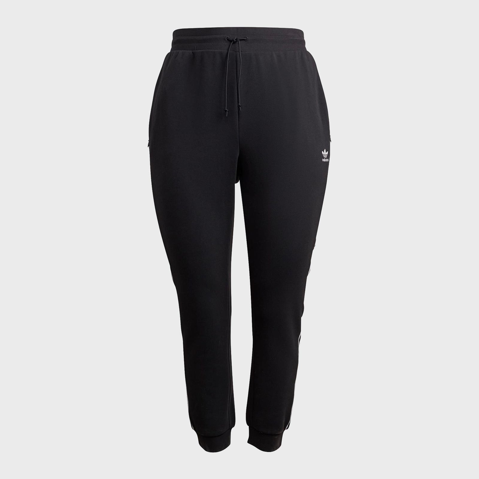 Black sweatpants with drawstring hang, displayed against a plain background, featuring a small logo on the upper left.