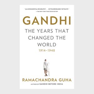 A book cover features Gandhi walking, surrounded by text emphasizing his impact from 1914-1948. Authored by Ramachandra Guha.
