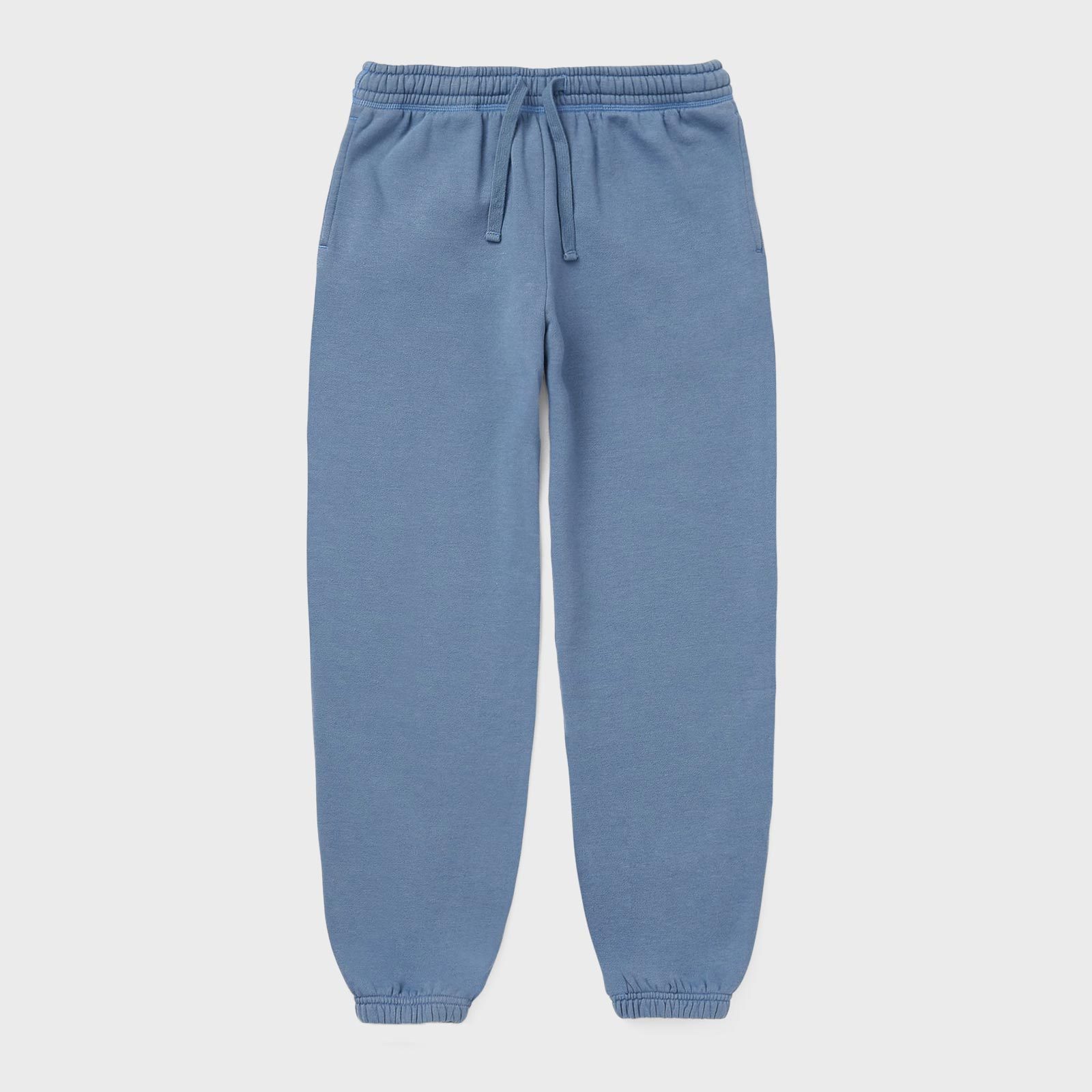 Blue sweatpants lie flat with an elastic waistband and drawstring, placed on a plain white background.