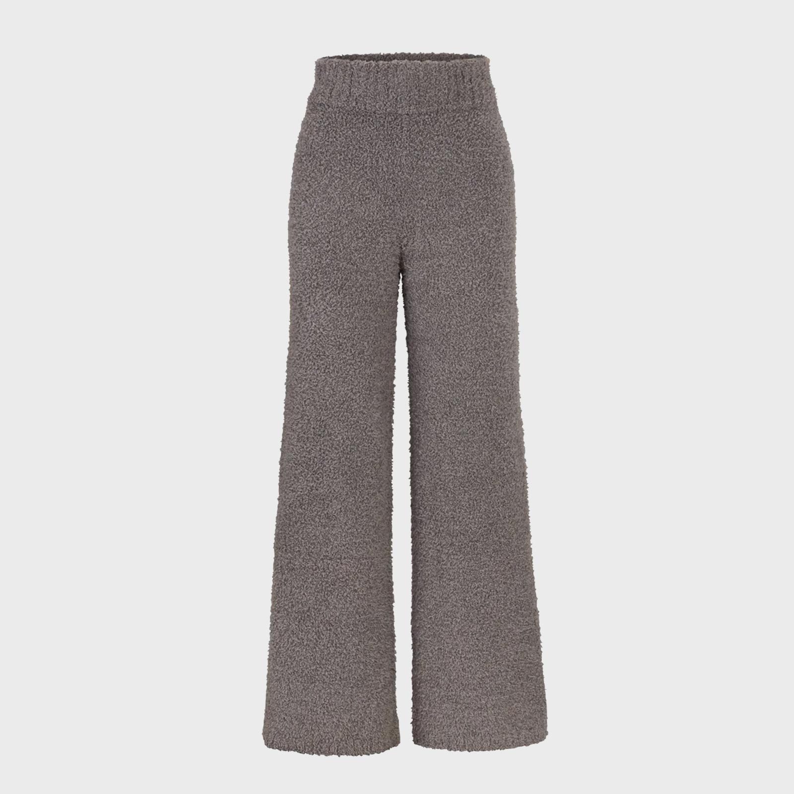 Gray, high-waisted fleece pants stand upright against a white background, showcasing their wide-leg design and textured fabric.