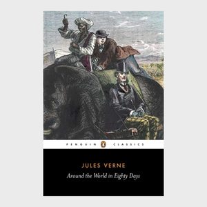 Three men ride an elephant across a landscape under a cloudy sky. The book cover reads, 