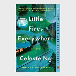 Book cover shows a neighborhood scene from above, featuring houses and trees. Title: â€œLittle Fires Everywhereâ€ by Celeste Ng. Sticker: 