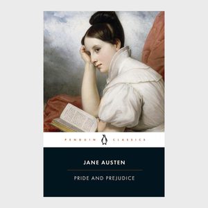 Woman holds an open book, gazing contemplatively; artwork cover for Jane Austen's 