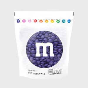 Purple candies fill a clear pouch emblazoned with a white 