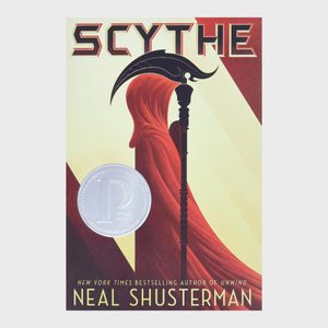 A hooded figure holds a scythe against a geometric background. Text reads, 