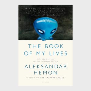 A small blue alien looks out from darkness above book title 