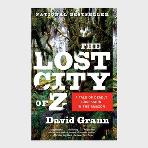 Book cover shows large white title over a dense, green jungle. Red box reads, 