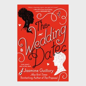 Silhouettes of a man and woman face each other on a red background; whimsical illustrations surround book title 