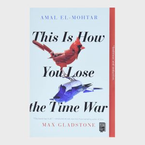 Book cover displays two birds appearing to collide, one red and one blue, amidst bold black and red text.