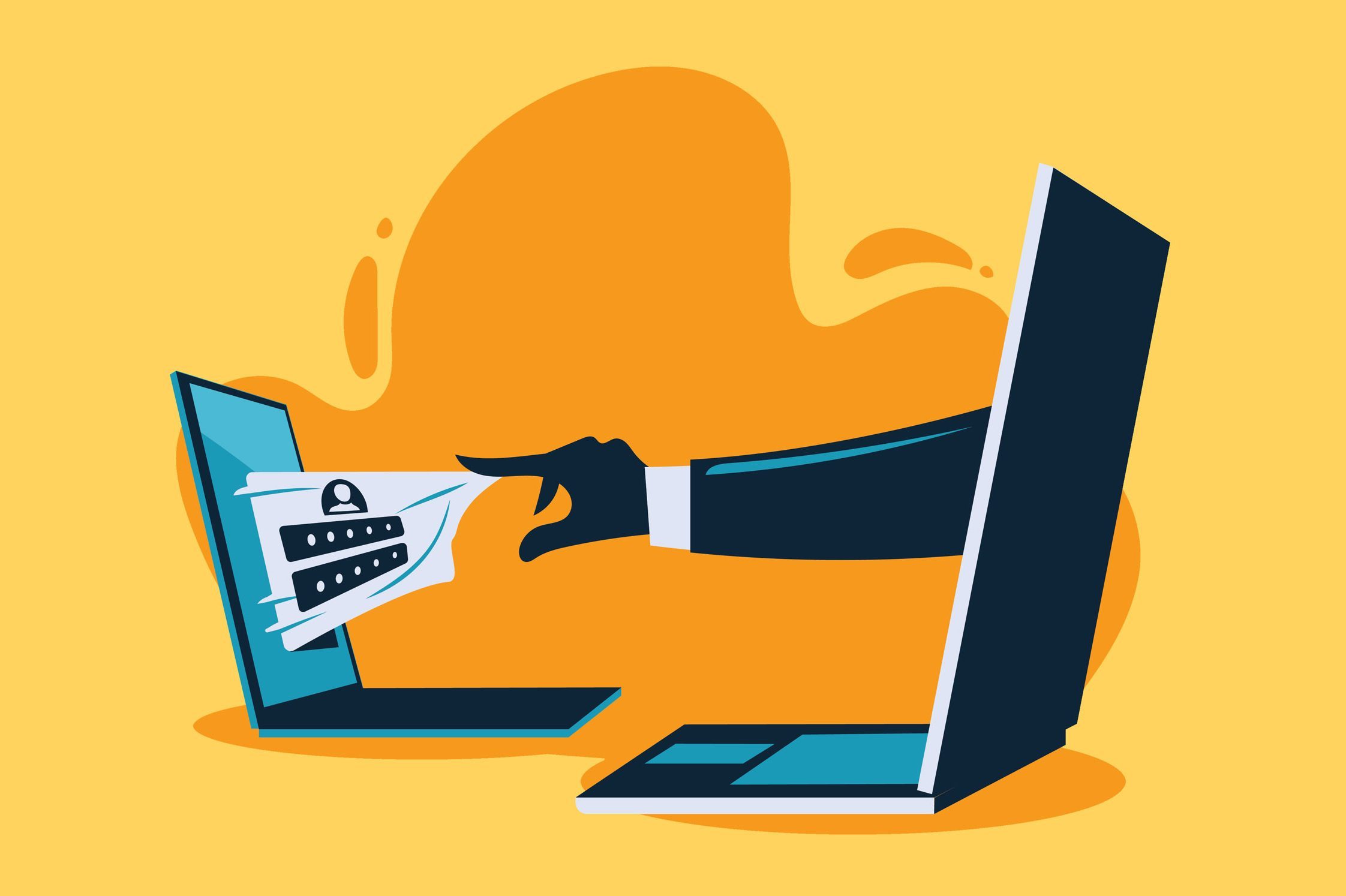 illustration of a hand reaching out of a laptop and grabbing personal information from another laptop