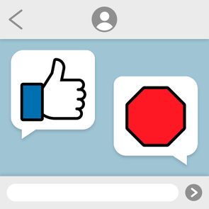 Thumbs-up and stop sign icons appear in a chat bubble interface on a light blue background.