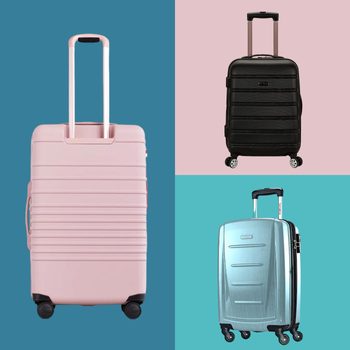 Three suitcases stand against colored backgrounds: a pink suitcase on teal, a black suitcase on pink, and a silver suitcase on teal.