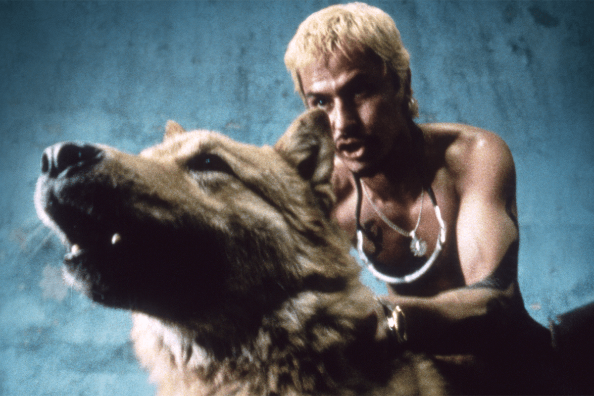 A man with short blond hair sits behind a snarling dog, both in a dimly lit environment.