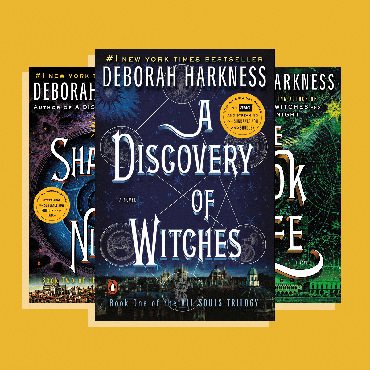 Three overlapping book covers display titles and author Deborah Harkness against a yellow background: 