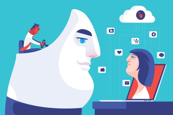 vector illustration of woman video chatting with a catfish scammer via laptop