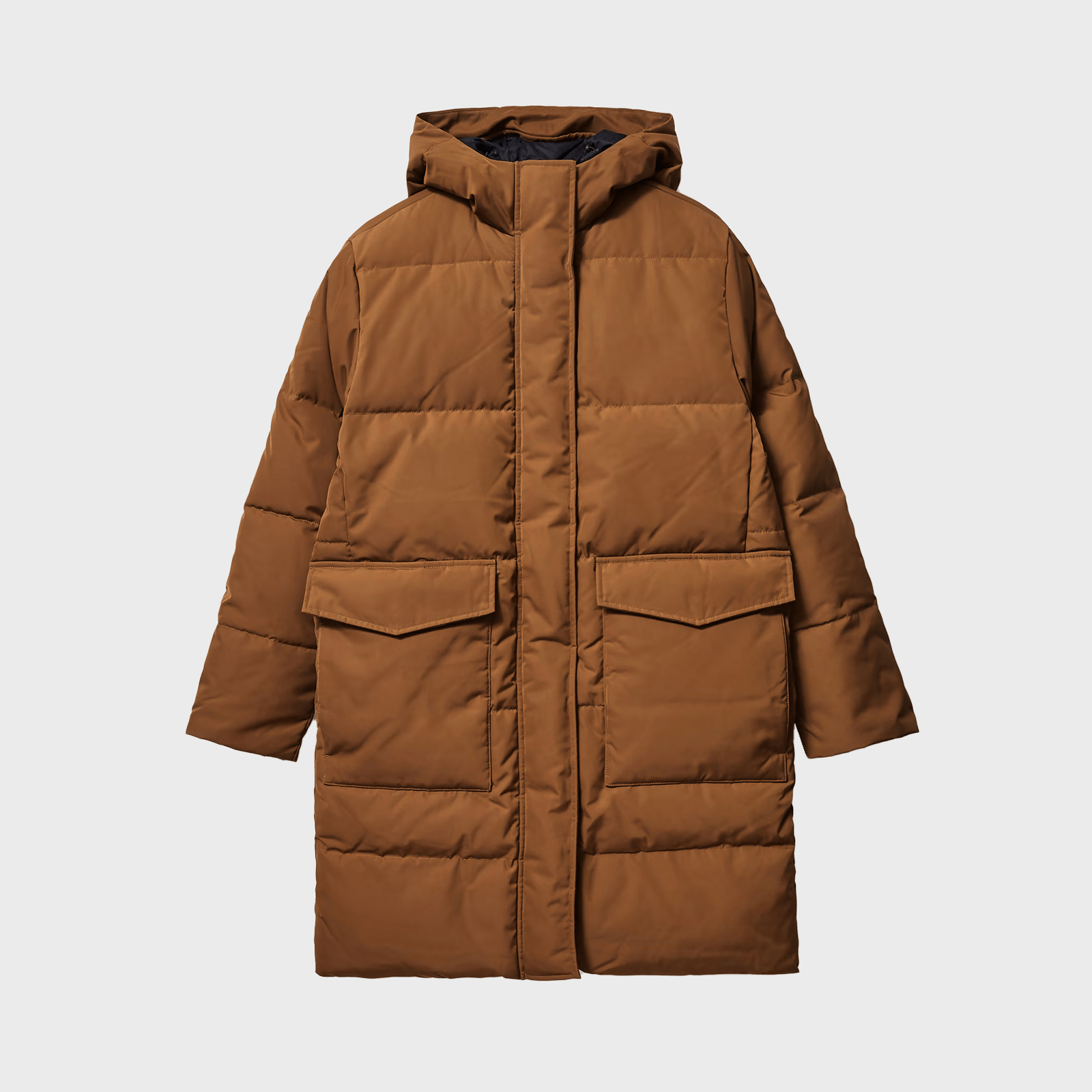 Brown padded jacket hangs motionless; hooded with large front pockets, set against a plain white background.