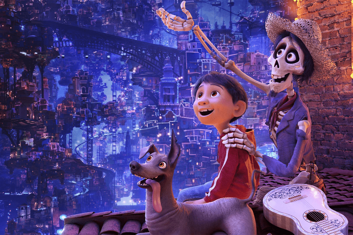 A skeleton points, a boy smiles, and a dog sits on a rooftop against a vibrant cityscape lit with blue and purple lights.