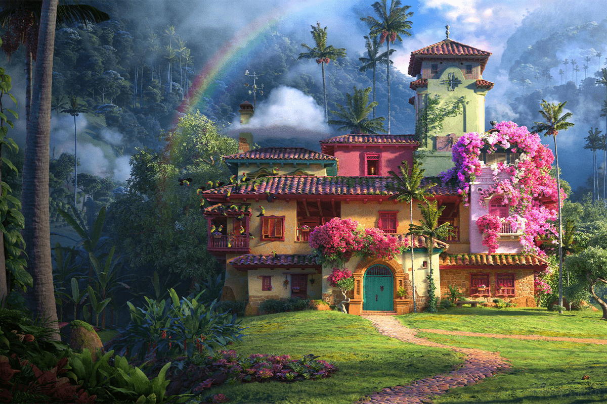 Colorful house adorned with flowers stands amidst vibrant tropical foliage, while birds perch and a rainbow arches above in a misty forest setting.