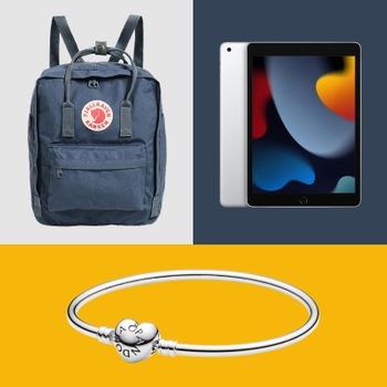 Backpack displayed with logo, tablet showing colorful screen, and silver bracelet on vibrant background.
